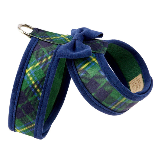 Scotty Plaid Indigo Bow Tie Tinkie Harness with Indigo Trim