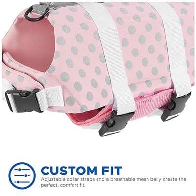 Dog Life Jacket - The Paws Aboard Dog Life Vest - Pink/Grey Polka Dot Neoprene