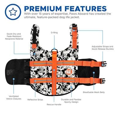 Dog Life Jacket - The Paws Aboard Dog Life Vest - Black/White Camo Neoprene