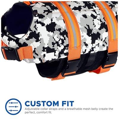 Dog Life Jacket - The Paws Aboard Dog Life Vest - Black/White Camo Neoprene