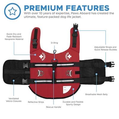 Dog Life Jacket - The Paws Aboard Dog Life Vest - Red Lifeguard